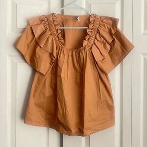 Crosby by Millie Burch women's camel knoll top ruffle sleeve size S.  #165